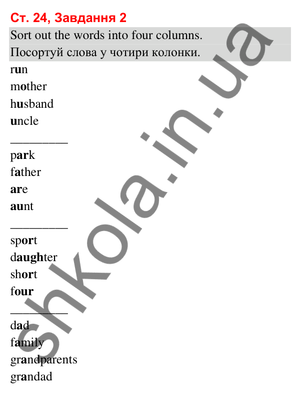 Сторінка 24, завдання 2 Відповідь до завдання 2, сторінка 24 (Lesson 1) - ГДЗ Робочий зошит Англійська мова 3 клас Карпюк 2025