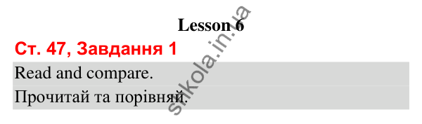 Сторінка 47, завдання 1 Відповідь до завдання 1, сторінка 47 (Lesson 6) - ГДЗ Робочий зошит Англійська мова 3 клас Карпюк 2025