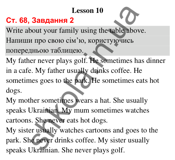 Сторінка 68, завдання 2 Відповідь до завдання 2, сторінка 68 (Lesson 10) - ГДЗ Робочий зошит Англійська мова 3 клас Карпюк 2025