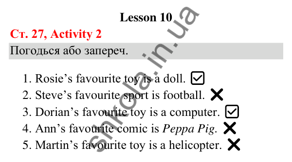 Відповідь до завдання Activity 2, сторінка 27 (Lesson 10) - ГДЗ Англійська мова 3 клас Карпюк 2025