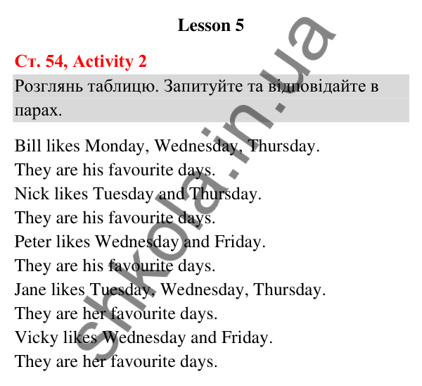 Відповідь до завдання Activity 2, сторінка 54 (Lesson 5) - ГДЗ Англійська мова 3 клас Карпюк 2025