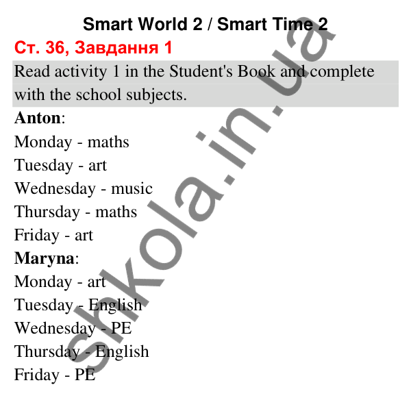 Відповідь до завдання 1, сторінка 36 (Smart World 2 / Smart Time 2) - ГДЗ Робочий зошит Англійська мова 3 клас Мітчелл 2025
