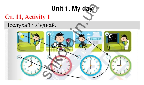 Відповідь до завдання Activity 1, сторінка 11 (Unit 1. My day) - ГДЗ Англійська мова 3 клас Пухта 2025