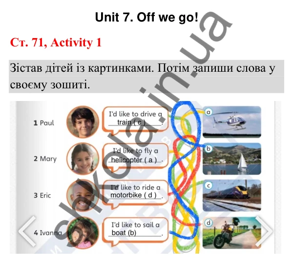 Відповідь до завдання Activity 1, сторінка 71 (Unit 7. Off we go!) - ГДЗ Англійська мова 3 клас Пухта 2025