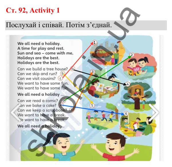 Відповідь до завдання Activity 1, сторінка 92 (Unit 9. Holiday plans) - ГДЗ Англійська мова 3 клас Пухта 2025