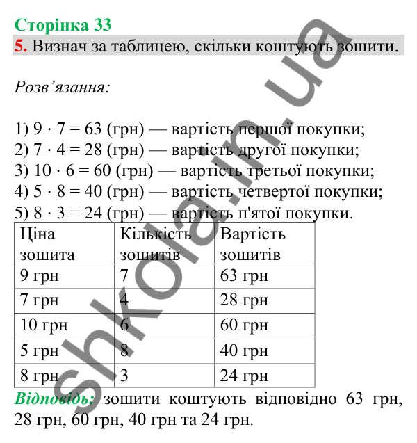 Відповідь до завдання 5 на сторінці 33 — ГДЗ Математика 3 клас Скворцова 2025 частина 1