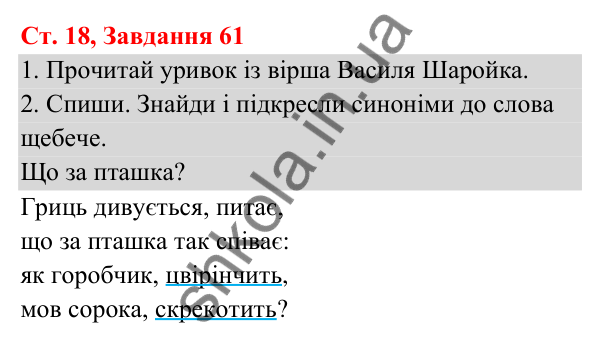 Відповідь до завдання № 61, сторінка 18 - ГДЗ Українська мова та читання 3 клас Кравцова 2025 частина 1