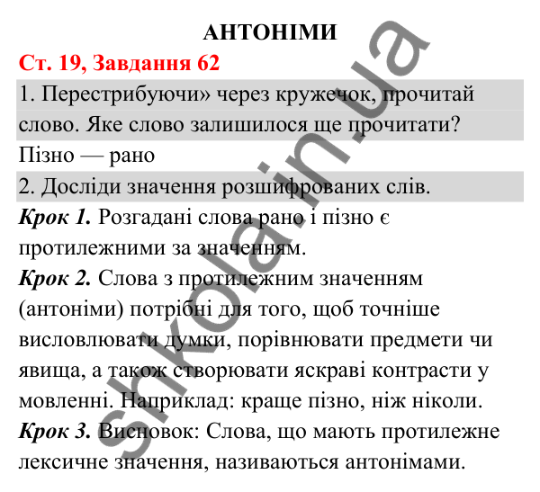 Відповідь до завдання № 62, сторінка 19 - ГДЗ Українська мова та читання 3 клас Кравцова 2025 частина 1