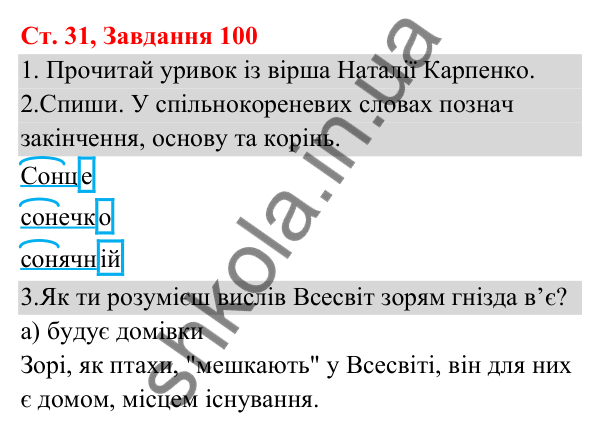 Відповідь до завдання № 100, сторінка 31 - ГДЗ Українська мова та читання 3 клас Кравцова 2025 частина 1