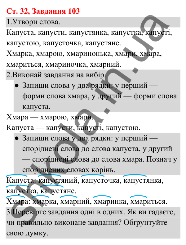 Відповідь до завдання № 103, сторінка 32 - ГДЗ Українська мова та читання 3 клас Кравцова 2025 частина 1