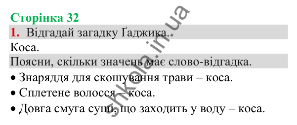 Відповідь до завдання 1, сторінка 32 - ГДЗ Українська мова та читання 3 клас Пономарьова 2025 частина 1