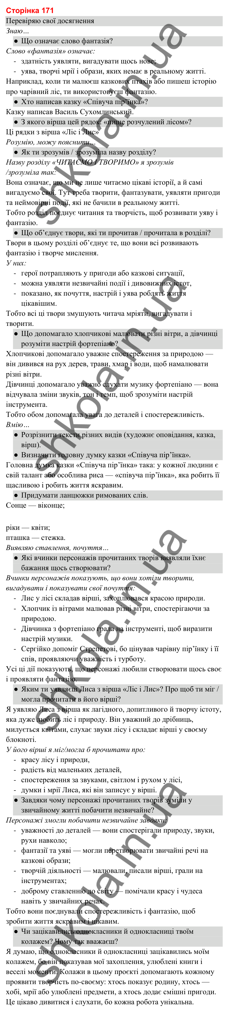 Відповіді до сторінки 171 - ГДЗ Українська мова та читання 3 клас Савченко 2025 частина 2