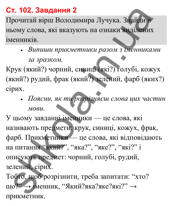 Відповідь до завдання 2, сторінка 102 - ГДЗ Українська мова та читання 3 клас Вашуленко 2025 частина 1
