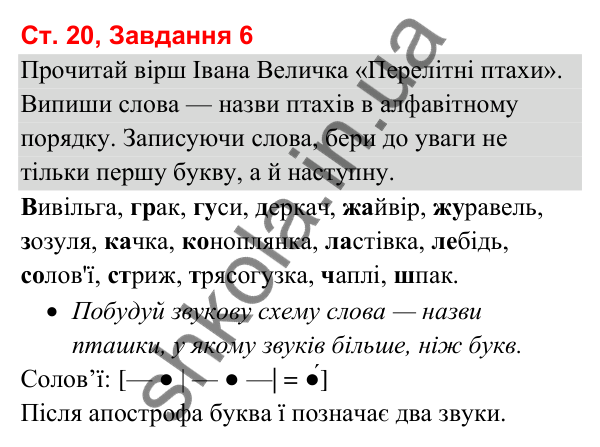 Відповідь до завдання 6, сторінка 20 - ГДЗ Українська мова та читання 3 клас Вашуленко 2025 частина 1