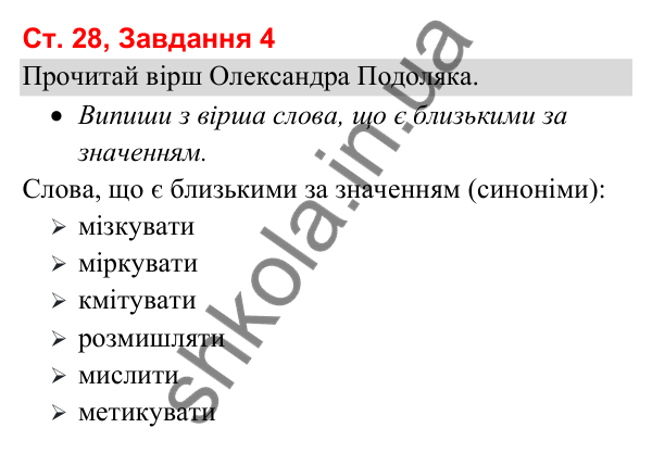 Відповідь до завдання 4, сторінка 28 - ГДЗ Українська мова та читання 3 клас Вашуленко 2025 частина 1