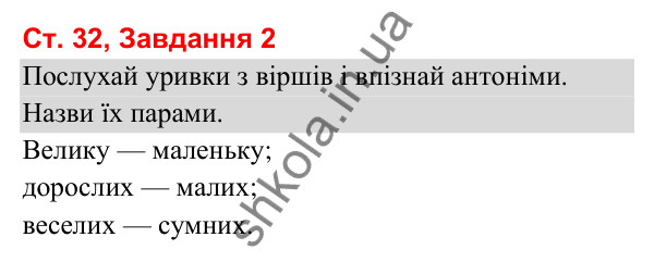 Відповідь до завдання 2, сторінка 32 - ГДЗ Українська мова та читання 3 клас Вашуленко 2025 частина 1