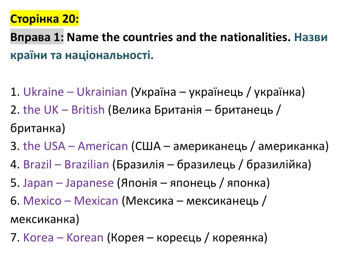 p20-ex1 Відповідь до вправи 1, сторінка 20 - ГДЗ Англійська мова 4 клас Мітчелл 2026