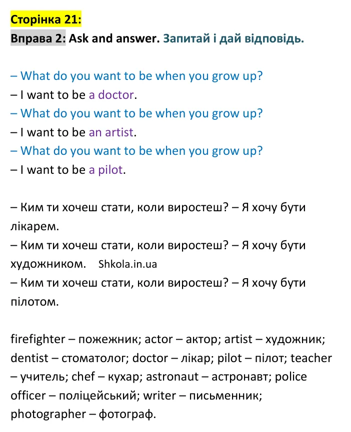 Відповідь до вправи 2, сторінка 21 - ГДЗ Англійська мова 4 клас Мітчелл 2026