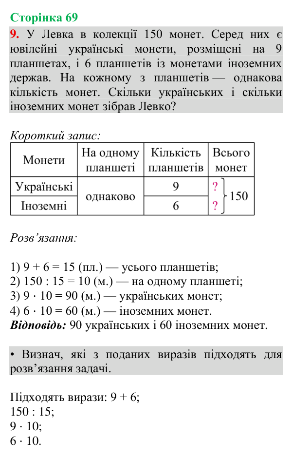 Відповідь до завдання 9, сторінка 69 - ГДЗ Математика 4 клас Богданович 2026 частина 2