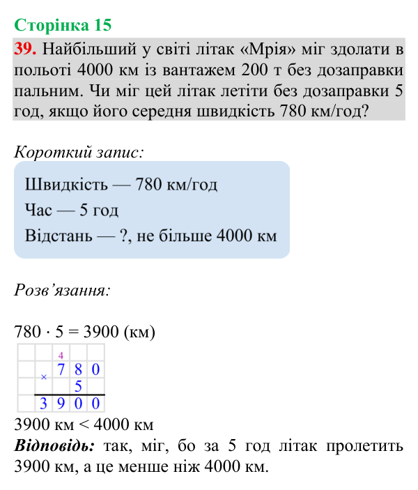 Завдання № 39 Відповідь до завдання № 39, сторінка 15 - ГДЗ Математика 4 клас Гісь 2026 частина 2