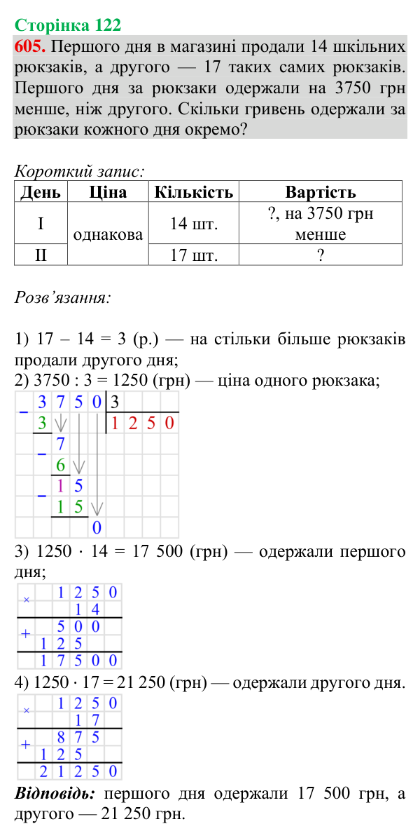 Відповідь до завдання № 605, сторінка 122 - ГДЗ Математика 4 клас Листопад 2026 частина 2