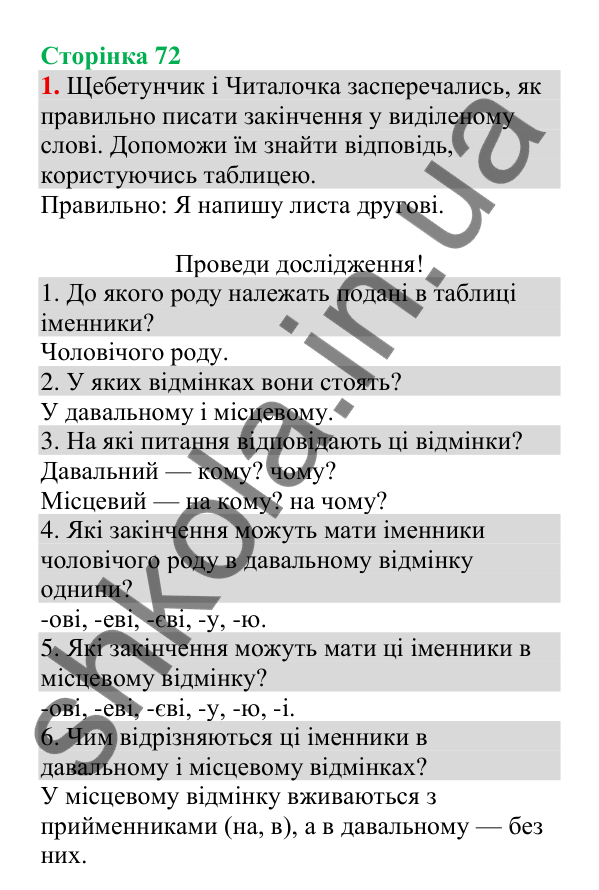 Відповідь до завдання 1, сторінка 72 - ГДЗ Українська мова 4 клас Пономарьова 2026 частина 1