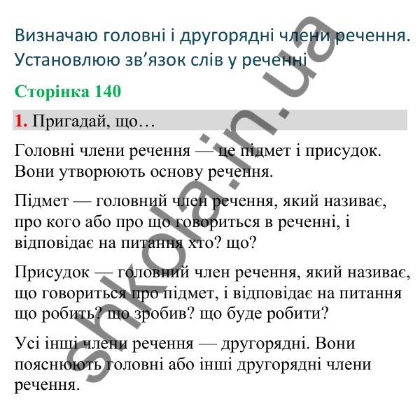 Сторінка 140, завдання 1 Відповідь до завдання 1, сторінка 140 - ГДЗ Українська мова та читання 4 клас Вашуленко 2026 частина 1