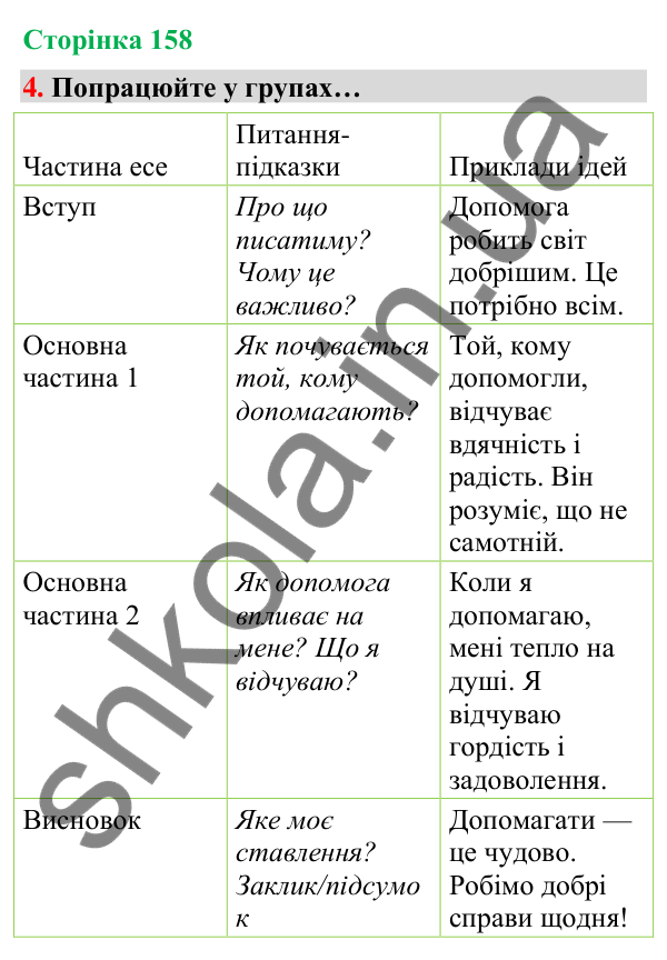 Сторінка 158, завдання 4 Відповідь до завдання 4, сторінка 158 - ГДЗ Українська мова та читання 4 клас Вашуленко 2026 частина 1