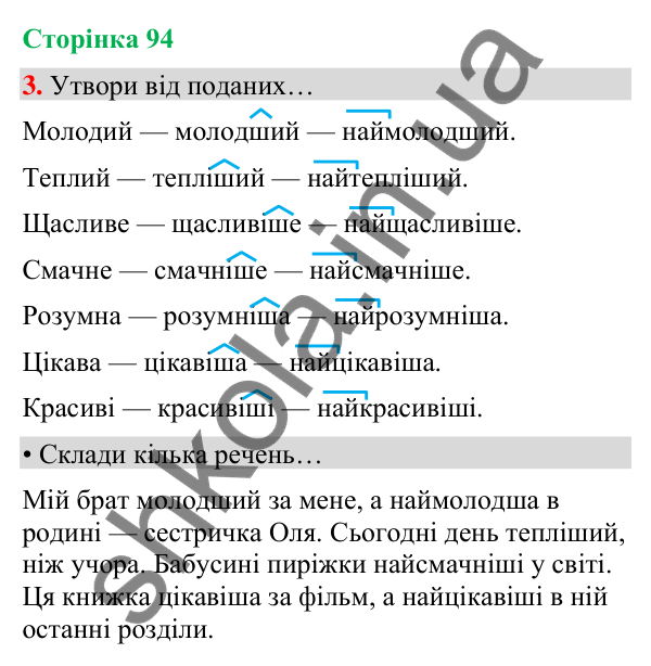 Сторінка 94, завдання 3 Відповідь до завдання 3, сторінка 94 - ГДЗ Українська мова та читання 4 клас Вашуленко 2026 частина 1