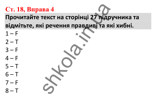Відповідь до вправи 4, сторінка 18 - ГДЗ Робочий зошит Англійська мова 5 клас Карпюк 2022