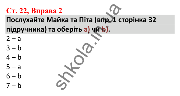 Відповідь до вправи 2, сторінка 22 - ГДЗ Робочий зошит Англійська мова 5 клас Карпюк 2022