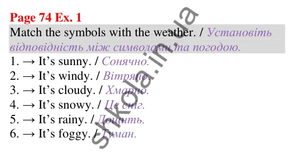 Відповідь до завдання Вправа 1, сторінка 74 (Unit 5. What’s the weather like today?) - ГДЗ Англійська мова 5 клас Карпюк 2022