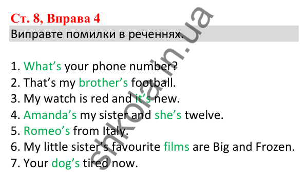 Ст. 8, Впр. 4 Відповідь до завдання Вправа 4, сторінка 8 - ГДЗ Англійська мова 5 клас Робінсон 2022 збірник вправ з граматики