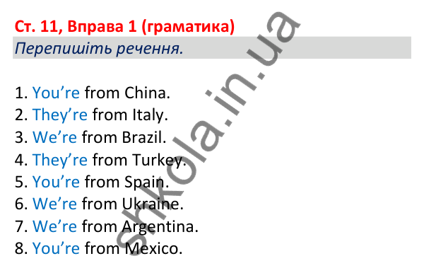 Відповідь до вправи 1 (граматика), сторінка 11 - ГДЗ Робочий зошит Англійська мова 5 клас Коста (Голкомб) 2022