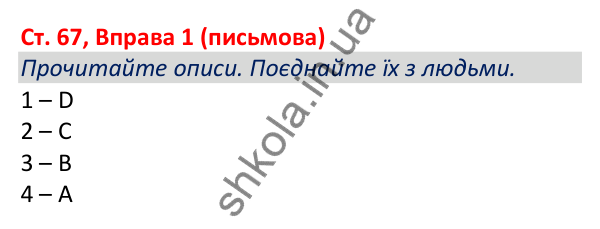 Відповідь до вправи 1 (письмова), сторінка 67 - ГДЗ Робочий зошит Англійська мова 5 клас Коста (Голкомб) 2022