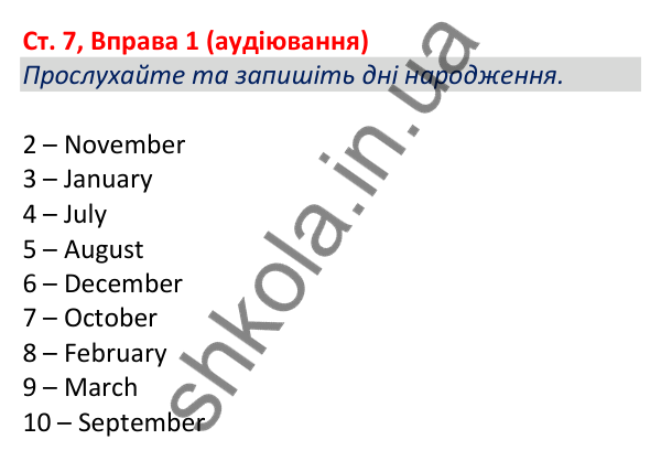 Відповідь до вправи 1 (аудіювання), сторінка 7 - ГДЗ Робочий зошит Англійська мова 5 клас Коста (Голкомб) 2022