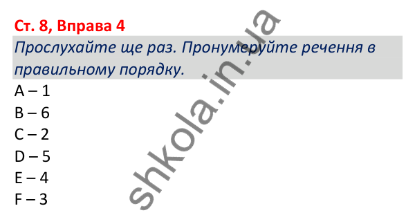 Відповідь до вправи 4, сторінка 8 - ГДЗ Робочий зошит Англійська мова 5 клас Коста (Голкомб) 2022