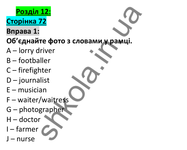 Відповідь до вправи 1, сторінка 72 - ГДЗ Англійська мова 5 клас Коста 2022