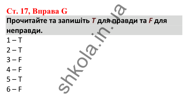 Відповідь до вправи G, сторінка 17 - ГДЗ Робочий зошит Англійська мова 5 клас Мітчелл 2022