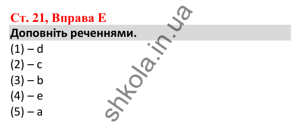 Відповідь до вправи E, сторінка 21 - ГДЗ Робочий зошит Англійська мова 5 клас Мітчелл 2022