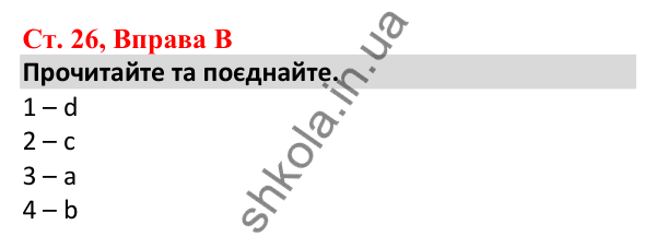 Відповідь до вправи B, сторінка 26 - ГДЗ Робочий зошит Англійська мова 5 клас Мітчелл 2022
