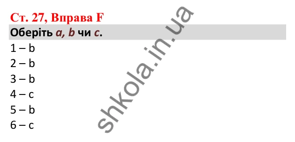 Відповідь до вправи F, сторінка 27 - ГДЗ Робочий зошит Англійська мова 5 клас Мітчелл 2022