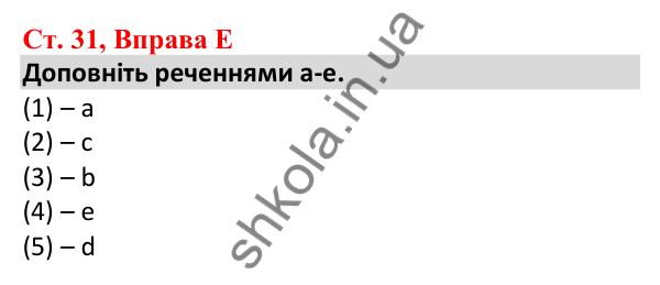 Відповідь до вправи E, сторінка 31 - ГДЗ Робочий зошит Англійська мова 5 клас Мітчелл 2022