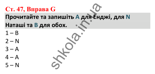 Відповідь до вправи G, сторінка 47 - ГДЗ Робочий зошит Англійська мова 5 клас Мітчелл 2022