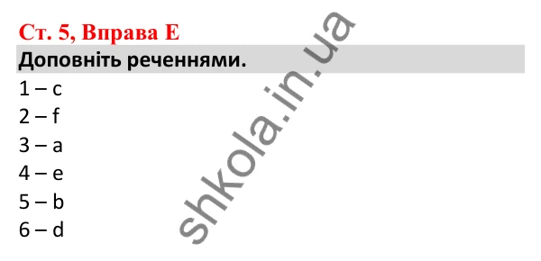 Відповідь до вправи E, сторінка 5 - ГДЗ Робочий зошит Англійська мова 5 клас Мітчелл 2022