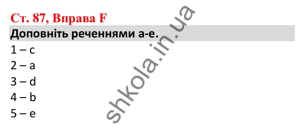 Відповідь до вправи F, сторінка 87 - ГДЗ Робочий зошит Англійська мова 5 клас Мітчелл 2022