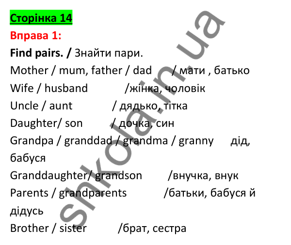 Відповідь до вправи 1, сторінка 14 - ГДЗ Англійська мова 5 клас Задорожна 2022