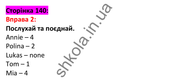 Відповідь до вправи 2, сторінка 140 - ГДЗ Англійська мова 5 клас Задорожна 2022