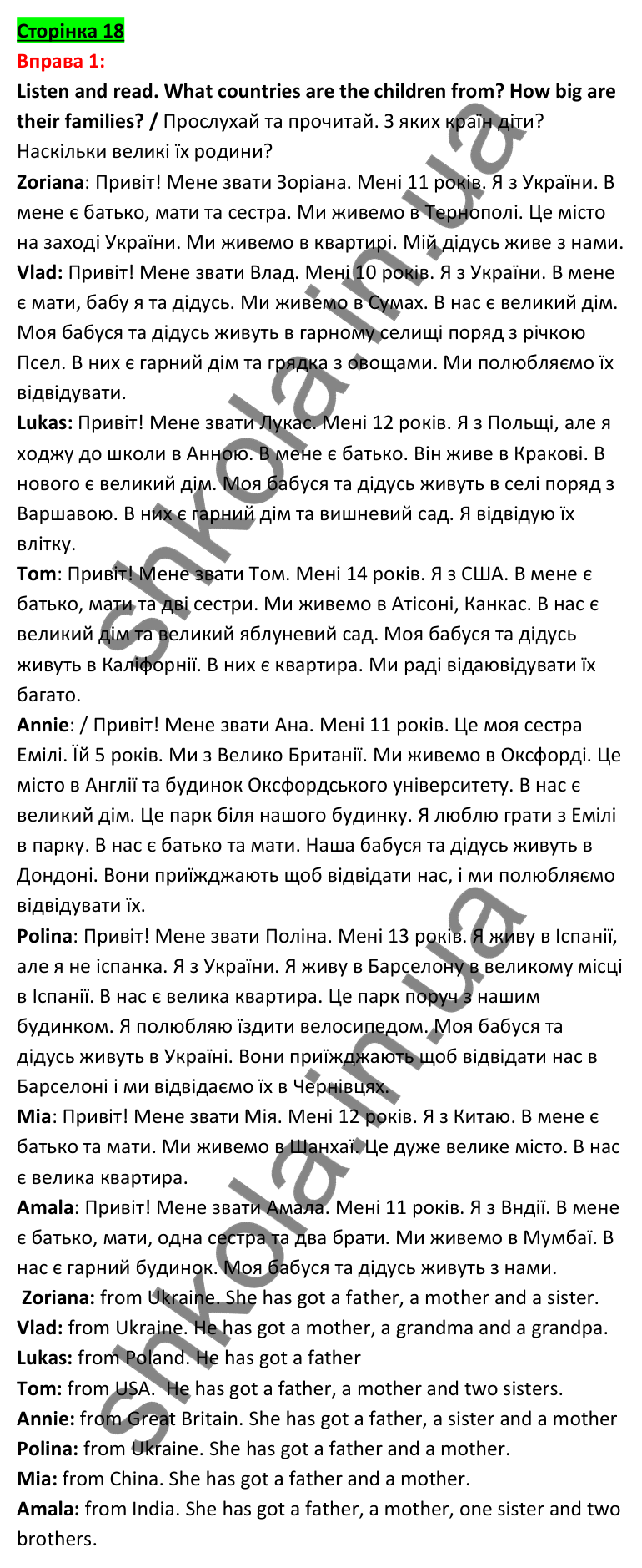 Відповідь до вправи 1, сторінка 18 - ГДЗ Англійська мова 5 клас Задорожна 2022