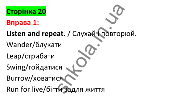 Відповідь до вправи 1, сторінка 20 - ГДЗ Англійська мова 5 клас Задорожна 2022